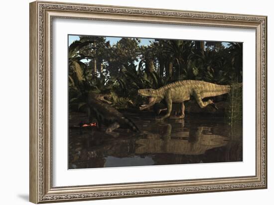 Batrachotomus Confronts a Nothosaurus in the Triassic Period-Stocktrek Images-Framed Art Print