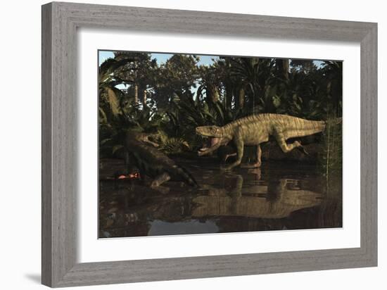 Batrachotomus Confronts a Nothosaurus in the Triassic Period-Stocktrek Images-Framed Art Print