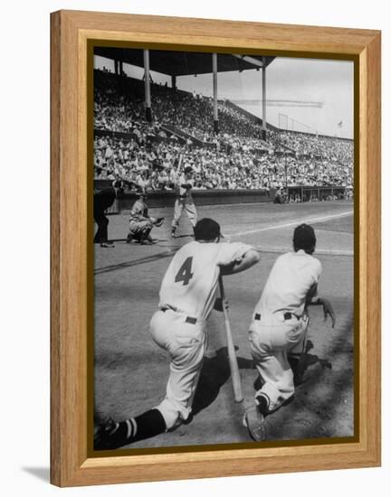 Batter Getting Ready for Pitch While Other Players are Waiting their Turn to Bat-Allan Grant-Framed Premier Image Canvas