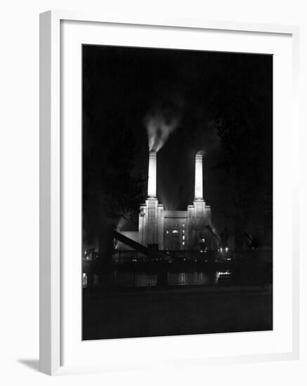 Battersea Power Station Floodlit at Night, 1951-null-Framed Photographic Print