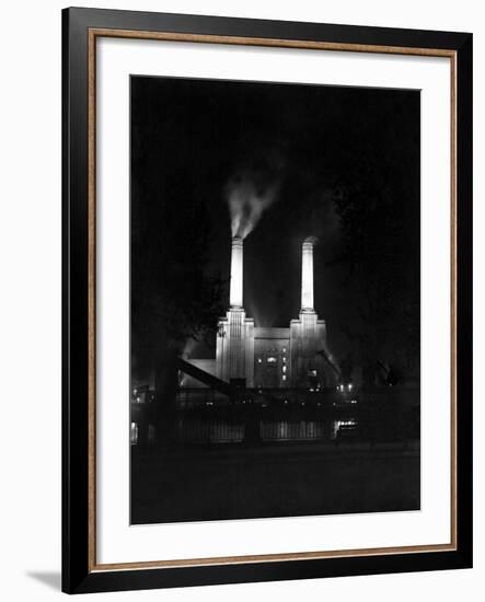 Battersea Power Station Floodlit at Night, 1951-null-Framed Photographic Print