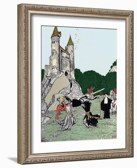 Battle between King Arthur (Artus) and the Black Knight in the Presence of Merlin the Enchanting. I-Howard Pyle-Framed Giclee Print