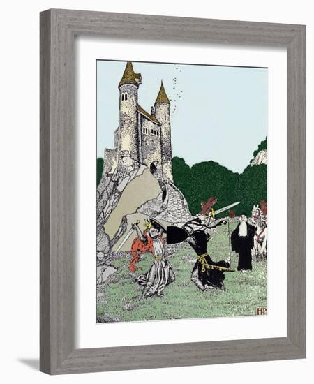 Battle between King Arthur (Artus) and the Black Knight in the Presence of Merlin the Enchanting. I-Howard Pyle-Framed Giclee Print