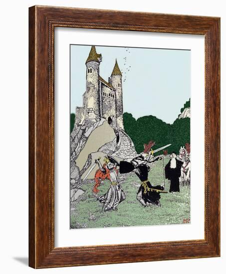 Battle between King Arthur (Artus) and the Black Knight in the Presence of Merlin the Enchanting. I-Howard Pyle-Framed Giclee Print