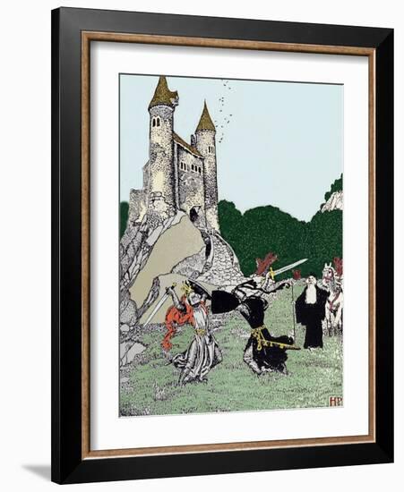 Battle between King Arthur (Artus) and the Black Knight in the Presence of Merlin the Enchanting. I-Howard Pyle-Framed Giclee Print