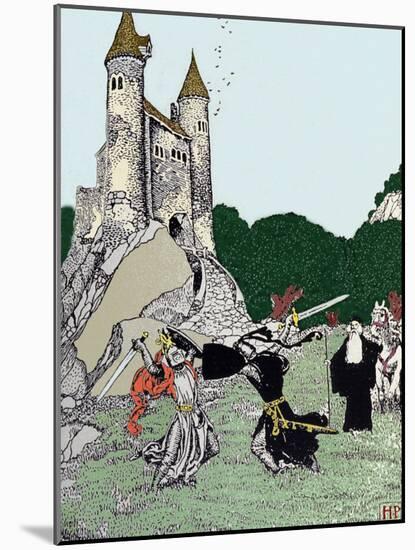 Battle between King Arthur (Artus) and the Black Knight in the Presence of Merlin the Enchanting. I-Howard Pyle-Mounted Giclee Print