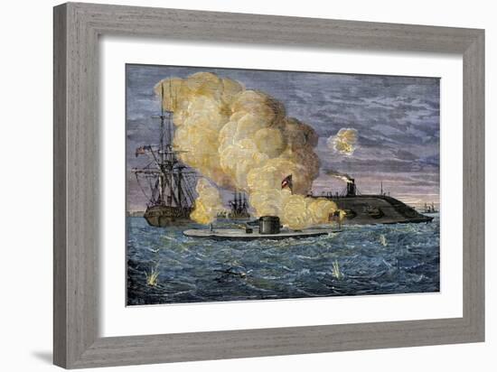 Battle Between the Monitor and the Merrimac, Hampton Roads, 1862-null-Framed Giclee Print