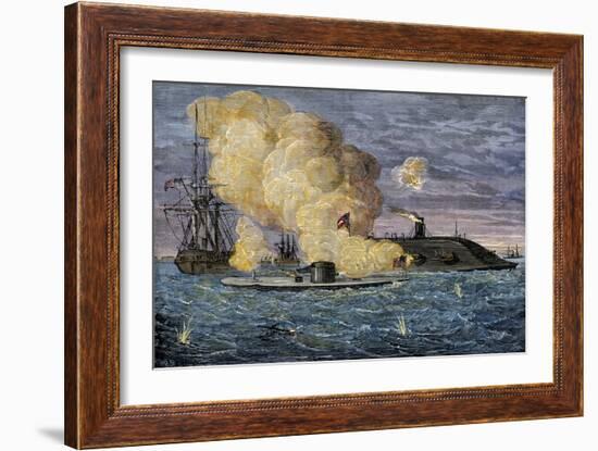 Battle Between the Monitor and the Merrimac, Hampton Roads, 1862-null-Framed Giclee Print