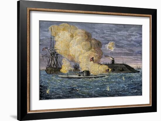 Battle Between the Monitor and the Merrimac, Hampton Roads, 1862-null-Framed Giclee Print