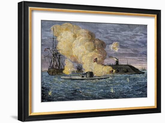 Battle Between the Monitor and the Merrimac, Hampton Roads, 1862-null-Framed Giclee Print