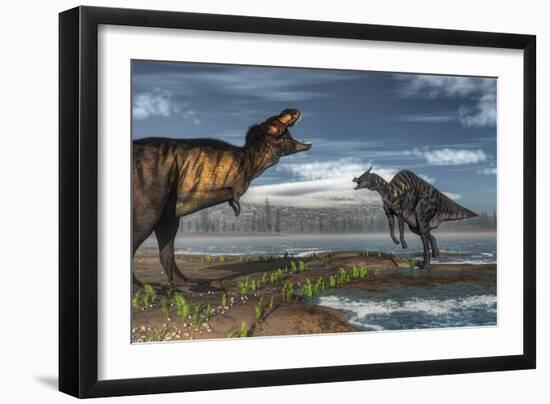 Battle Between Tyrannosaurus Rex and Saurolophus-Stocktrek Images-Framed Art Print