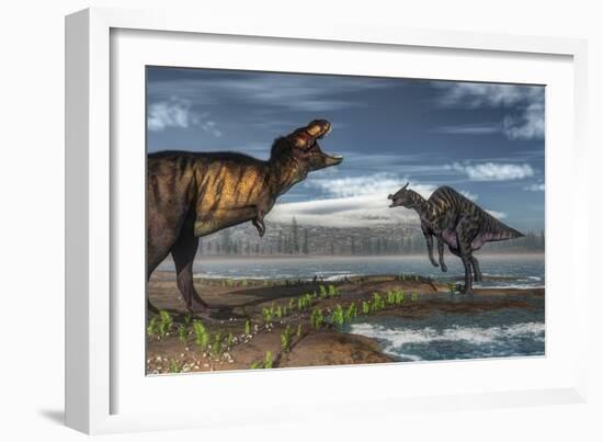 Battle Between Tyrannosaurus Rex and Saurolophus-Stocktrek Images-Framed Art Print