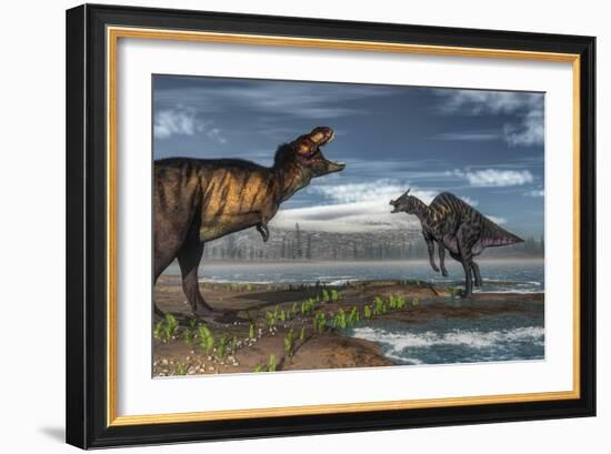 Battle Between Tyrannosaurus Rex and Saurolophus-Stocktrek Images-Framed Art Print