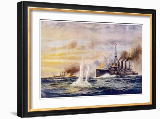 Battle of the Falkland Islands the Light Cruiser Kent Sinks the German Cruiser Nurnberg-Charles J. De Lacy-Framed Art Print