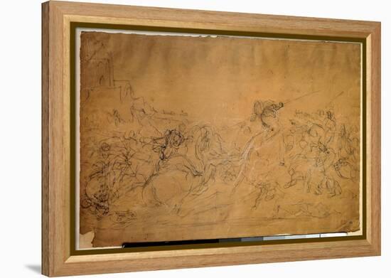 Battle Scene Drawing on Salmon Paper by Eugene Delacroix (1798-1863) 19Th Century Sun. 0.30 X 0.45-Ferdinand Victor Eugene Delacroix-Framed Premier Image Canvas