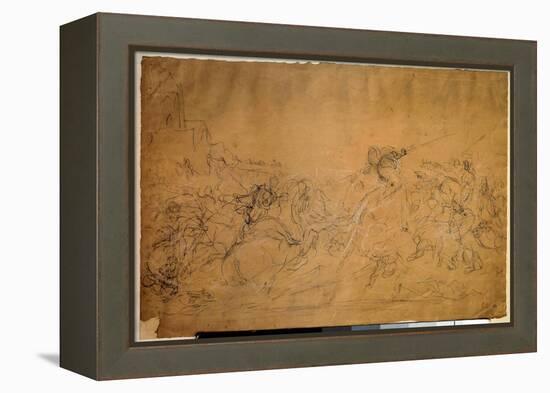 Battle Scene Drawing on Salmon Paper by Eugene Delacroix (1798-1863) 19Th Century Sun. 0.30 X 0.45-Ferdinand Victor Eugene Delacroix-Framed Premier Image Canvas