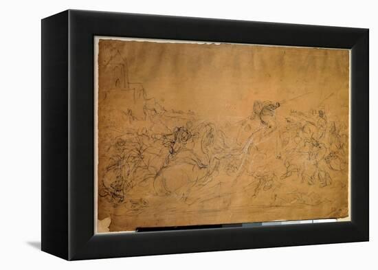 Battle Scene Drawing on Salmon Paper by Eugene Delacroix (1798-1863) 19Th Century Sun. 0.30 X 0.45-Ferdinand Victor Eugene Delacroix-Framed Premier Image Canvas