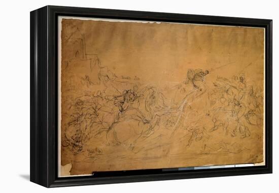 Battle Scene Drawing on Salmon Paper by Eugene Delacroix (1798-1863) 19Th Century Sun. 0.30 X 0.45-Ferdinand Victor Eugene Delacroix-Framed Premier Image Canvas