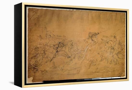 Battle Scene Drawing on Salmon Paper by Eugene Delacroix (1798-1863) 19Th Century Sun. 0.30 X 0.45-Ferdinand Victor Eugene Delacroix-Framed Premier Image Canvas