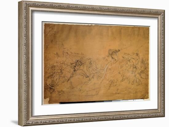 Battle Scene Drawing on Salmon Paper by Eugene Delacroix (1798-1863) 19Th Century Sun. 0.30 X 0.45-Ferdinand Victor Eugene Delacroix-Framed Giclee Print