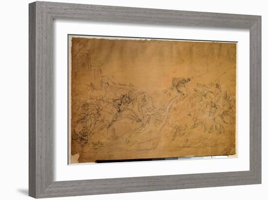 Battle Scene Drawing on Salmon Paper by Eugene Delacroix (1798-1863) 19Th Century Sun. 0.30 X 0.45-Ferdinand Victor Eugene Delacroix-Framed Giclee Print