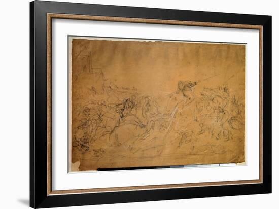 Battle Scene Drawing on Salmon Paper by Eugene Delacroix (1798-1863) 19Th Century Sun. 0.30 X 0.45-Ferdinand Victor Eugene Delacroix-Framed Giclee Print