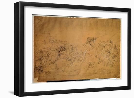 Battle Scene Drawing on Salmon Paper by Eugene Delacroix (1798-1863) 19Th Century Sun. 0.30 X 0.45-Ferdinand Victor Eugene Delacroix-Framed Giclee Print