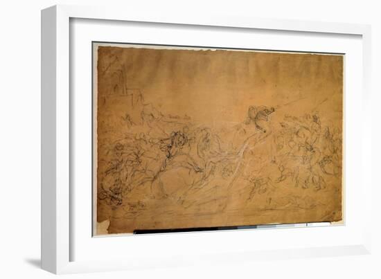 Battle Scene Drawing on Salmon Paper by Eugene Delacroix (1798-1863) 19Th Century Sun. 0.30 X 0.45-Ferdinand Victor Eugene Delacroix-Framed Giclee Print