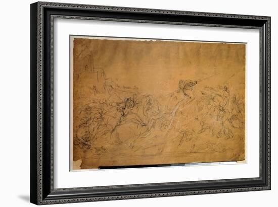 Battle Scene Drawing on Salmon Paper by Eugene Delacroix (1798-1863) 19Th Century Sun. 0.30 X 0.45-Ferdinand Victor Eugene Delacroix-Framed Giclee Print