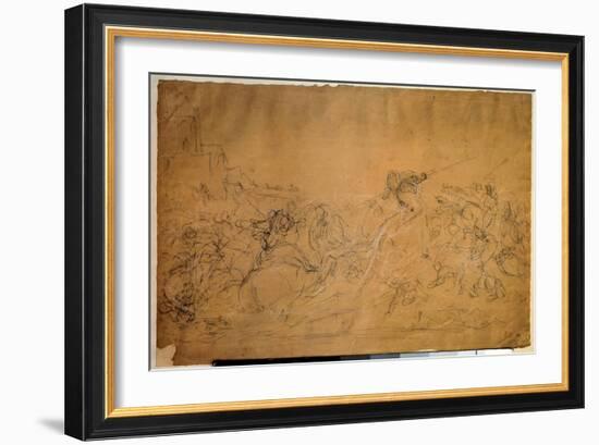 Battle Scene Drawing on Salmon Paper by Eugene Delacroix (1798-1863) 19Th Century Sun. 0.30 X 0.45-Ferdinand Victor Eugene Delacroix-Framed Giclee Print