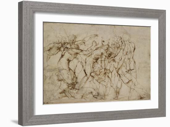 Battle Scene with Prisoners Being Pinioned (Pen and Brown Ink over Faint Indications in Black Chalk-Raphael-Framed Giclee Print