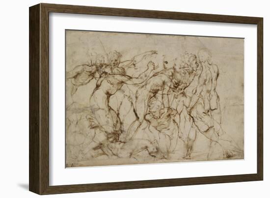 Battle Scene with Prisoners Being Pinioned (Pen and Brown Ink over Faint Indications in Black Chalk-Raphael-Framed Giclee Print