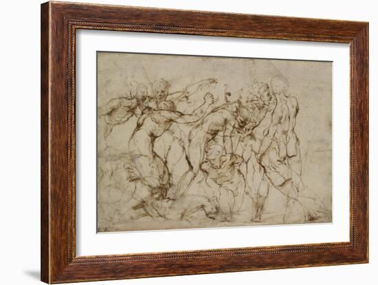 Battle Scene with Prisoners Being Pinioned (Pen and Brown Ink over Faint Indications in Black Chalk-Raphael-Framed Giclee Print