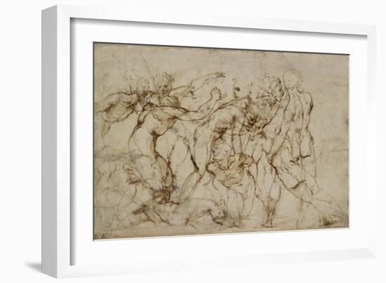 Battle Scene with Prisoners Being Pinioned (Pen and Brown Ink over Faint Indications in Black Chalk-Raphael-Framed Giclee Print