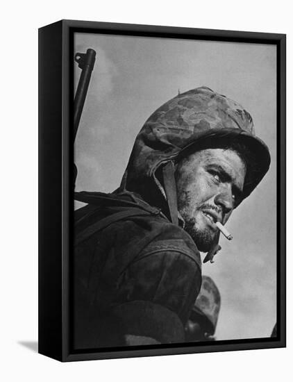 Battle Weary, Cigarette Smoking Marine on Saipan During Fight to Wrest the Island from Japanese-W^ Eugene Smith-Framed Premier Image Canvas