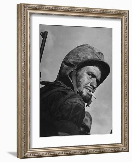 Battle Weary, Cigarette Smoking Marine on Saipan During Fight to Wrest the Island from Japanese-W^ Eugene Smith-Framed Photographic Print