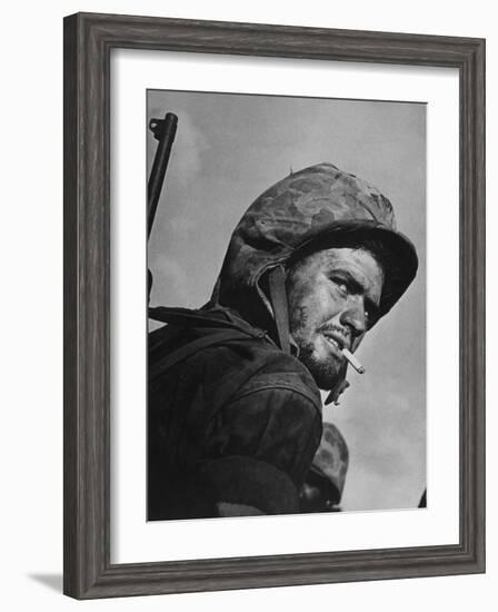 Battle Weary, Cigarette Smoking Marine on Saipan During Fight to Wrest the Island from Japanese-W^ Eugene Smith-Framed Photographic Print