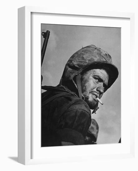 Battle Weary, Cigarette Smoking Marine on Saipan During Fight to Wrest the Island from Japanese-W^ Eugene Smith-Framed Photographic Print