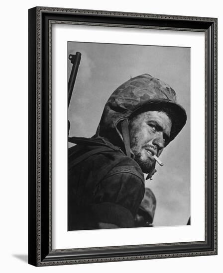 Battle Weary, Cigarette Smoking Marine on Saipan During Fight to Wrest the Island from Japanese-W^ Eugene Smith-Framed Photographic Print