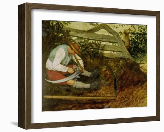 Bauer beim Dengeln seiner Sense. (Detail aus: Die Heuernte, siehe Bildnummer 870)-Pieter Brueghel the Elder-Framed Giclee Print