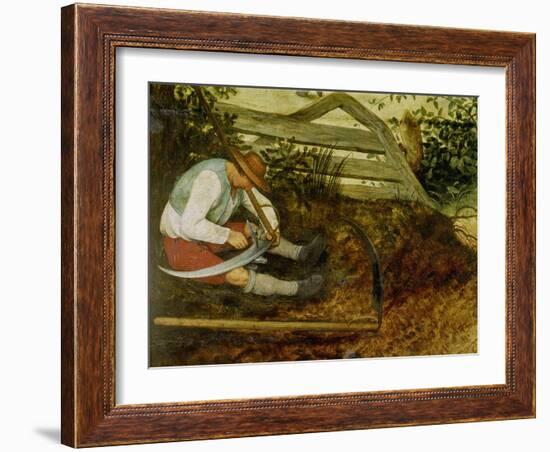 Bauer beim Dengeln seiner Sense. (Detail aus: Die Heuernte, siehe Bildnummer 870)-Pieter Brueghel the Elder-Framed Giclee Print