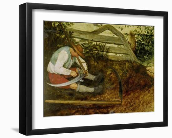 Bauer beim Dengeln seiner Sense. (Detail aus: Die Heuernte, siehe Bildnummer 870)-Pieter Brueghel the Elder-Framed Giclee Print