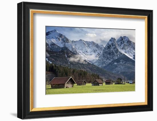 Bavarian Alps, Germany with Huts and Snow on Mountains-Sheila Haddad-Framed Photographic Print