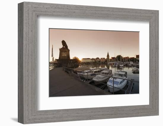 Bavarian Lion and Mangturm at the port at sunset, Lindau, Lake Constance, Bavaria, Germany, Europe-Markus Lange-Framed Photographic Print