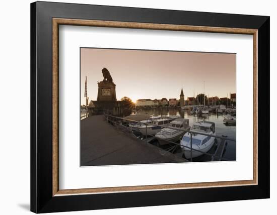 Bavarian Lion and Mangturm at the port at sunset, Lindau, Lake Constance, Bavaria, Germany, Europe-Markus Lange-Framed Photographic Print