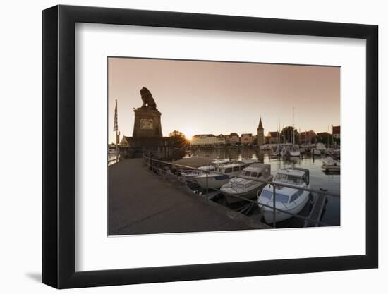 Bavarian Lion and Mangturm at the port at sunset, Lindau, Lake Constance, Bavaria, Germany, Europe-Markus Lange-Framed Photographic Print