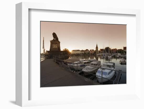 Bavarian Lion and Mangturm at the port at sunset, Lindau, Lake Constance, Bavaria, Germany, Europe-Markus Lange-Framed Photographic Print