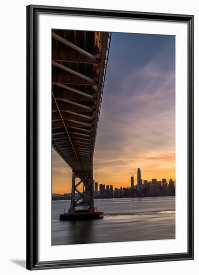 Bay Bridge from Treasure Island at sunset with colorful clouds over San Francisco skyline-David Chang-Framed Premium Photographic Print