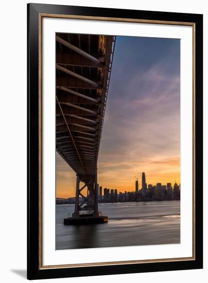 Bay Bridge from Treasure Island at sunset with colorful clouds over San Francisco skyline-David Chang-Framed Premium Photographic Print