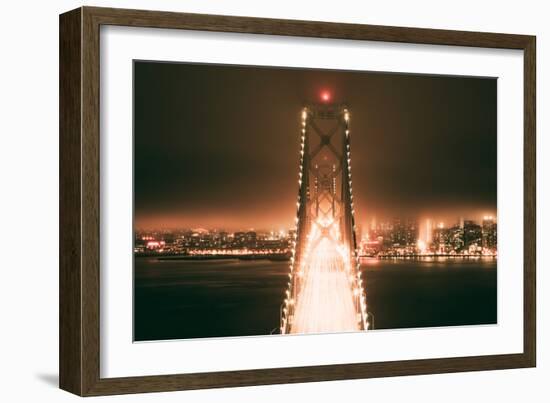 Bay Bridge Night Head On View in Peach, San Francisco-Vincent James-Framed Photographic Print